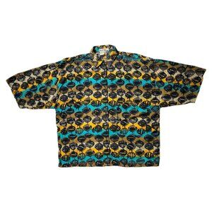 90s Vintage Blowfish Pattern Oversized Shirt Buttonup Fish Novelty Print Mexx.
